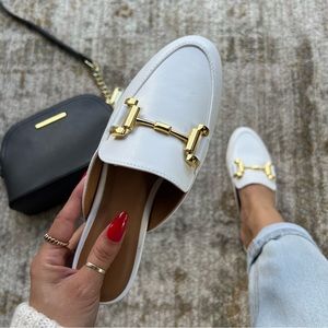 White Slide On Mule Flats